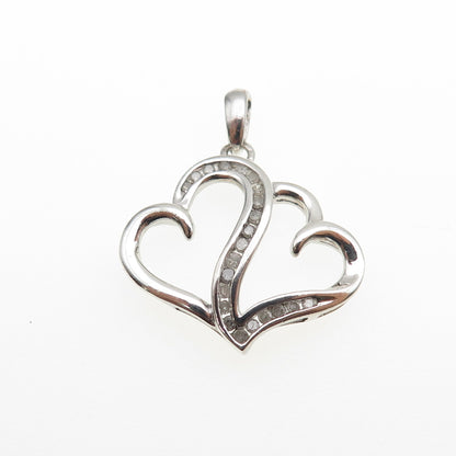 925 Sterling Silver Real Round-Cut Diamond Couple Heart Mini Charm Pendant