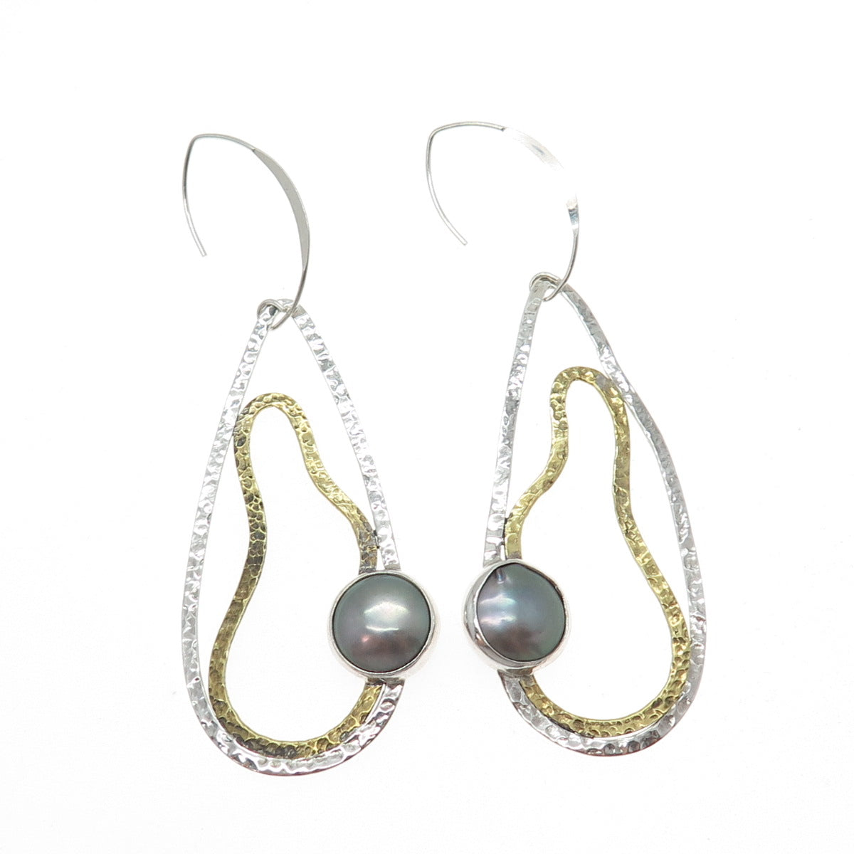 925 Sterling Silver 2-Tone Vintage Real Pearl Modernist Hammered Dangle Earrings