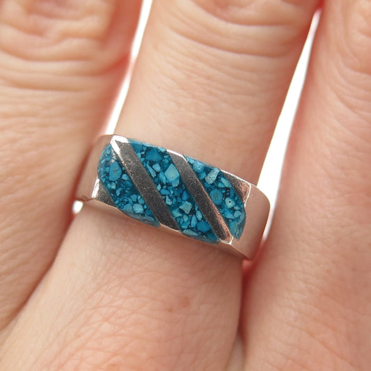 925 Sterling Silver Vintage Mexico Real Turquoise Inlay Modernist Ring Size 7.25