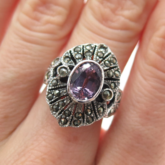 925 Sterling Silver Vintage Real Amethyst & Marcasite Oxidized Ring Size 6.25