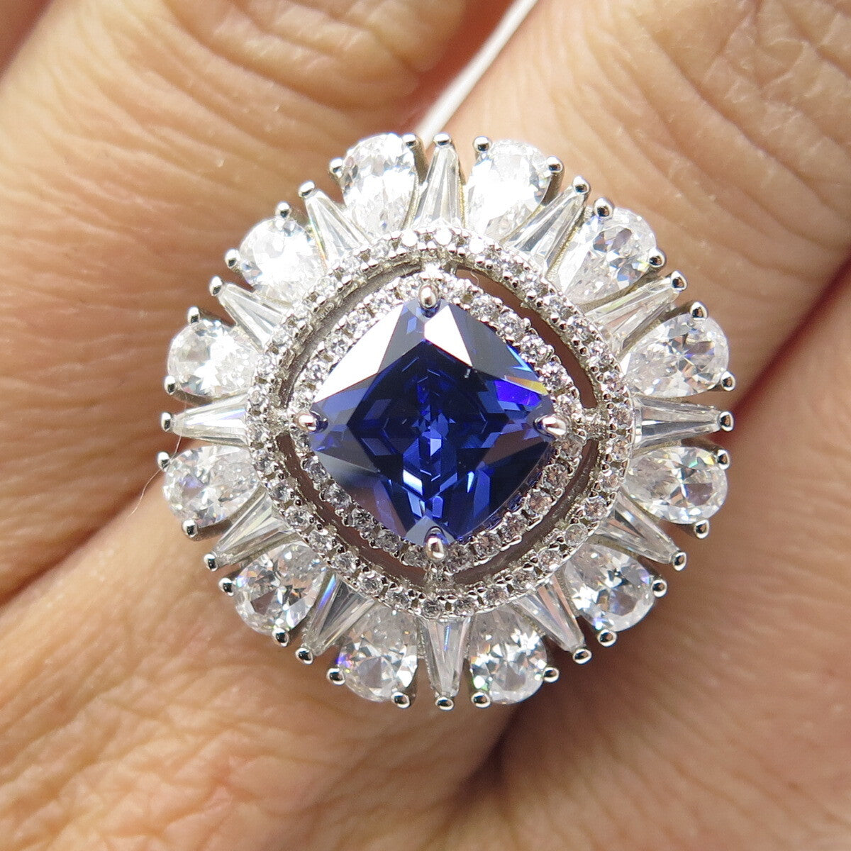 DSMK 925 Sterling Silver White & Blue Multi-C Z Cluster Wide Ring Size 7.25