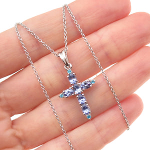 Chuck Clemency 925 Sterling Real Tanzanite & Apatite Cross Chain Necklace 18"