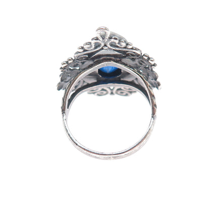 925 Sterling Silver Vintage Lab-Created Sapphire Flower Oxidized Ring Size 8.25