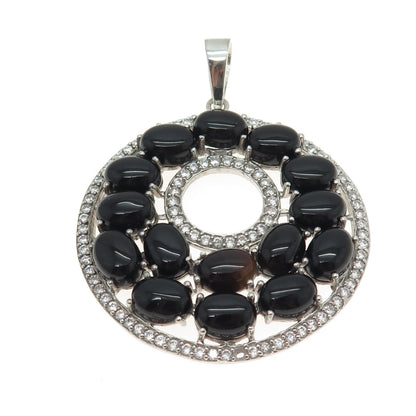 925 Sterling Silver Real Black Onyx & C Z Round Cluster Pendant