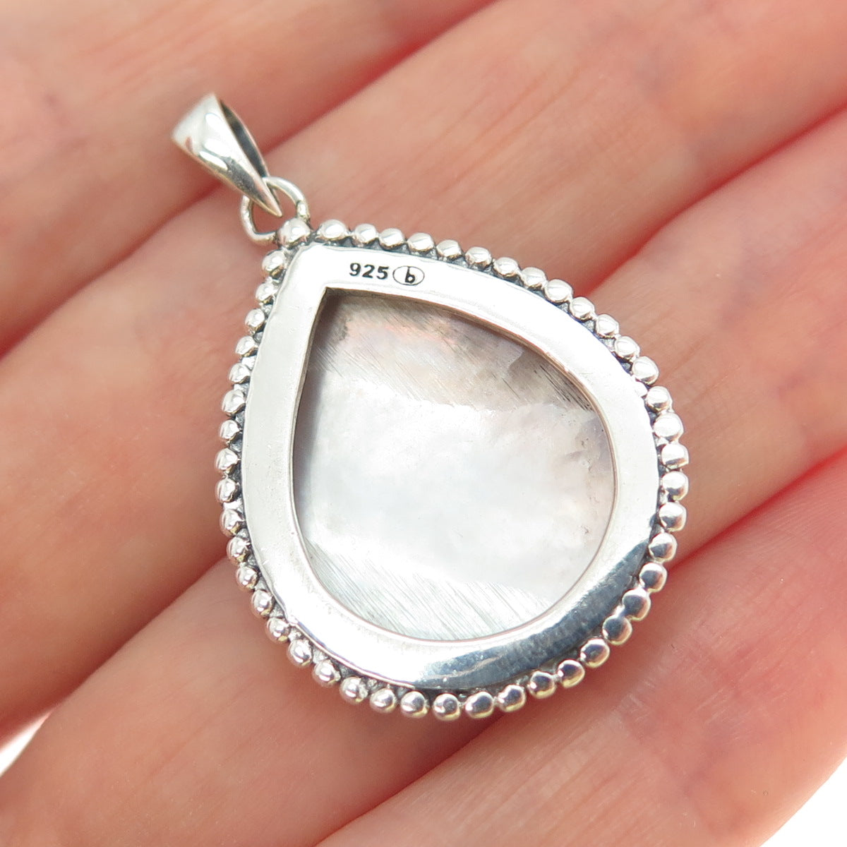 925 Sterling Silver Vintage Real Mother-of-Pearl Beaded Teardrop Charm Pendant
