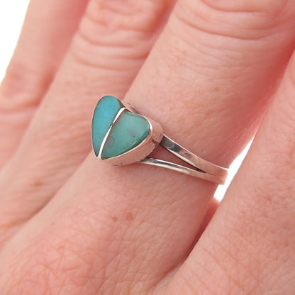925 Sterling Silver Vintage Mexico Real Turquoise Heart Oxidized Ring Size 6.75