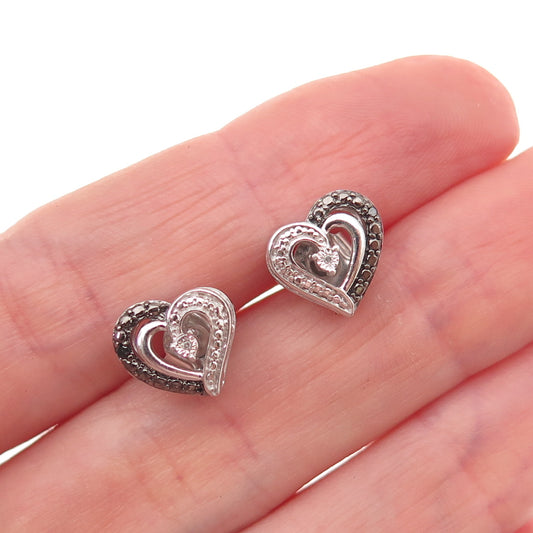 Jane Seymour 925 Sterling Silver Real Black & White Diamond Heart Stud Earrings