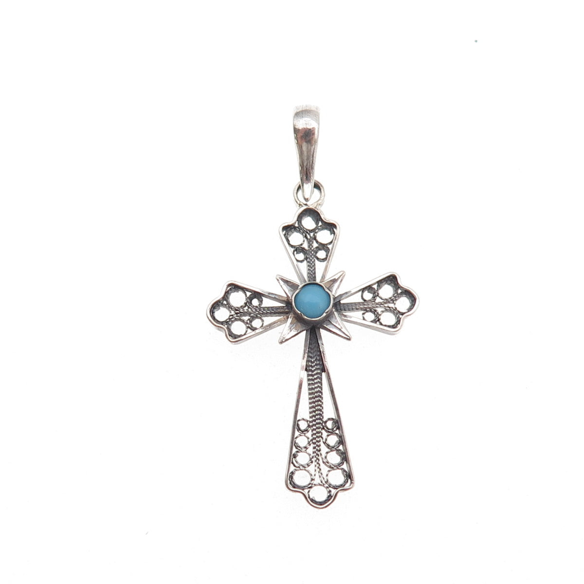 925 Sterling Silver Antique Art Deco Faux Pearl Cross Filigree Charm Pendant
