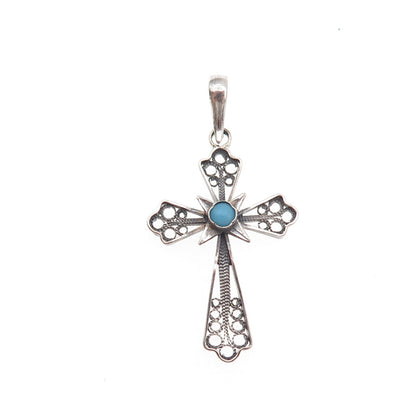 925 Sterling Silver Antique Art Deco Faux Pearl Cross Filigree Charm Pendant