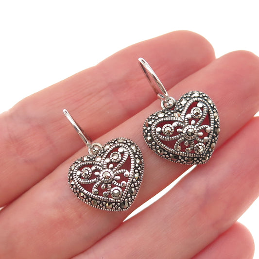 925 Sterling Silver Vintage Real Marcasite Floral Heart Oxidized Dangle Earrings
