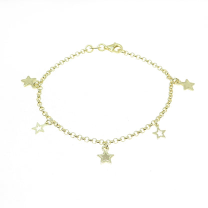 925 Sterling Silver Gold Plated Star Charm Rolo Link Bracelet 7"