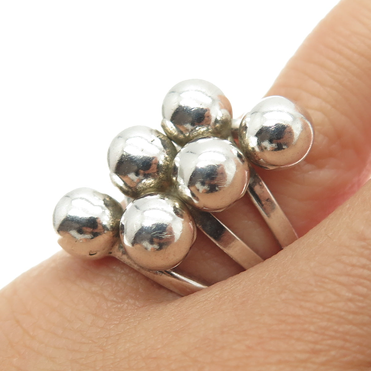 925 Sterling Silver Vintage Mexico Modernist Ball Beaded Ring Size 6.25