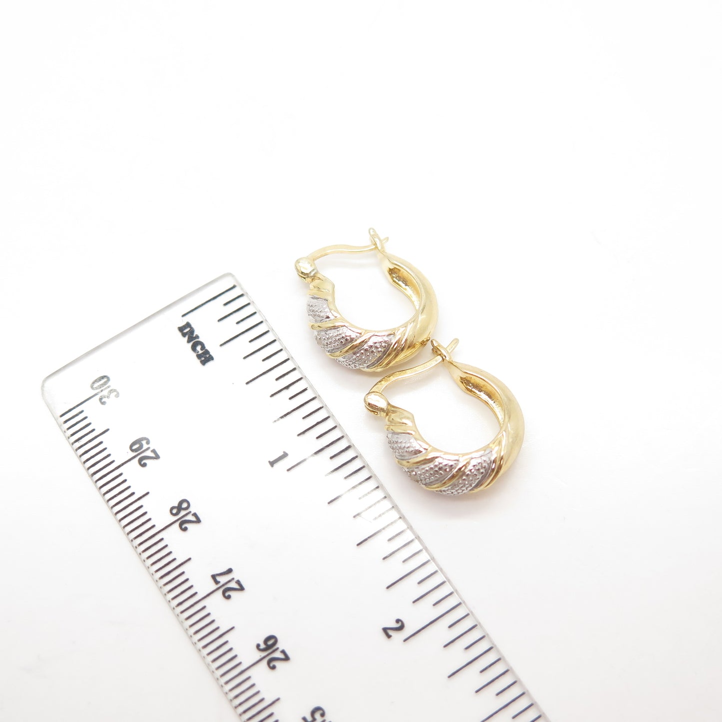 925 Sterling Silver 2-Tone Real White Diamond Hollow Huggie Earrings