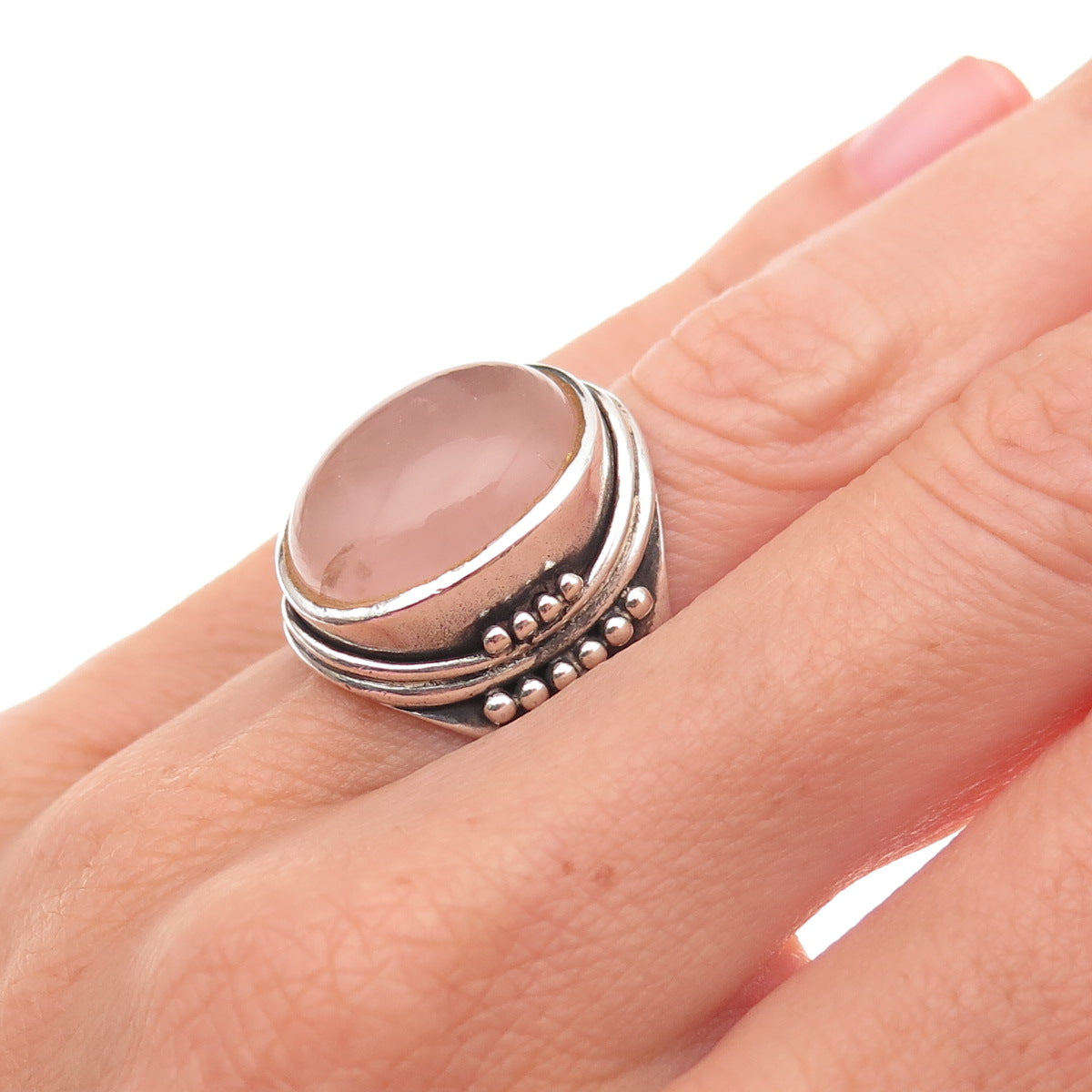 925 Sterling Silver Vintage Southwestern Real Rose Quartz Tribal Ring Size 6