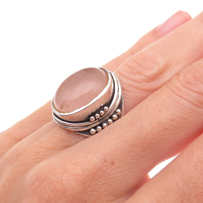 925 Sterling Silver Vintage Southwestern Real Rose Quartz Tribal Ring Size 6