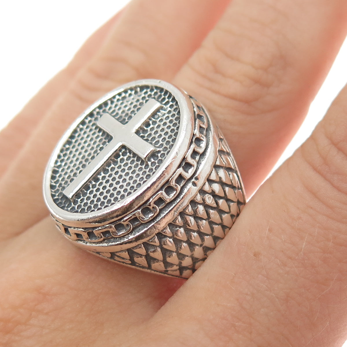 950 Silver Vintage Cross Oxidized Signet Ring Size 9.75