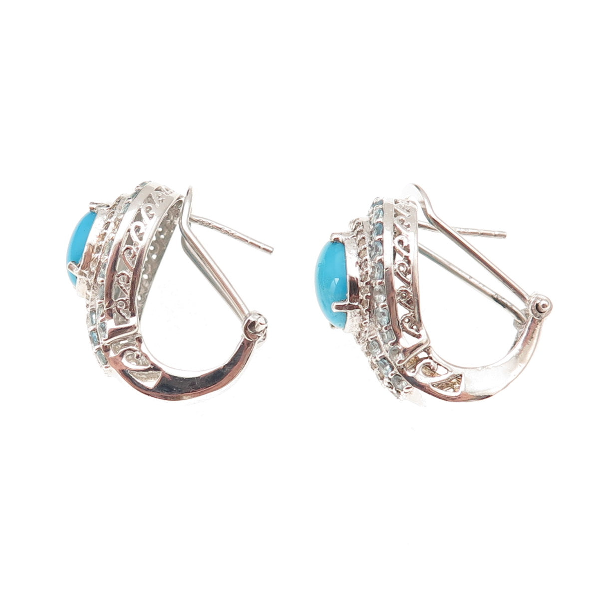 Chuck Clemency Sterling Real Turquoise Blue & White Topaz Omega Back Earrings