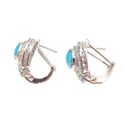 Chuck Clemency Sterling Real Turquoise Blue & White Topaz Omega Back Earrings