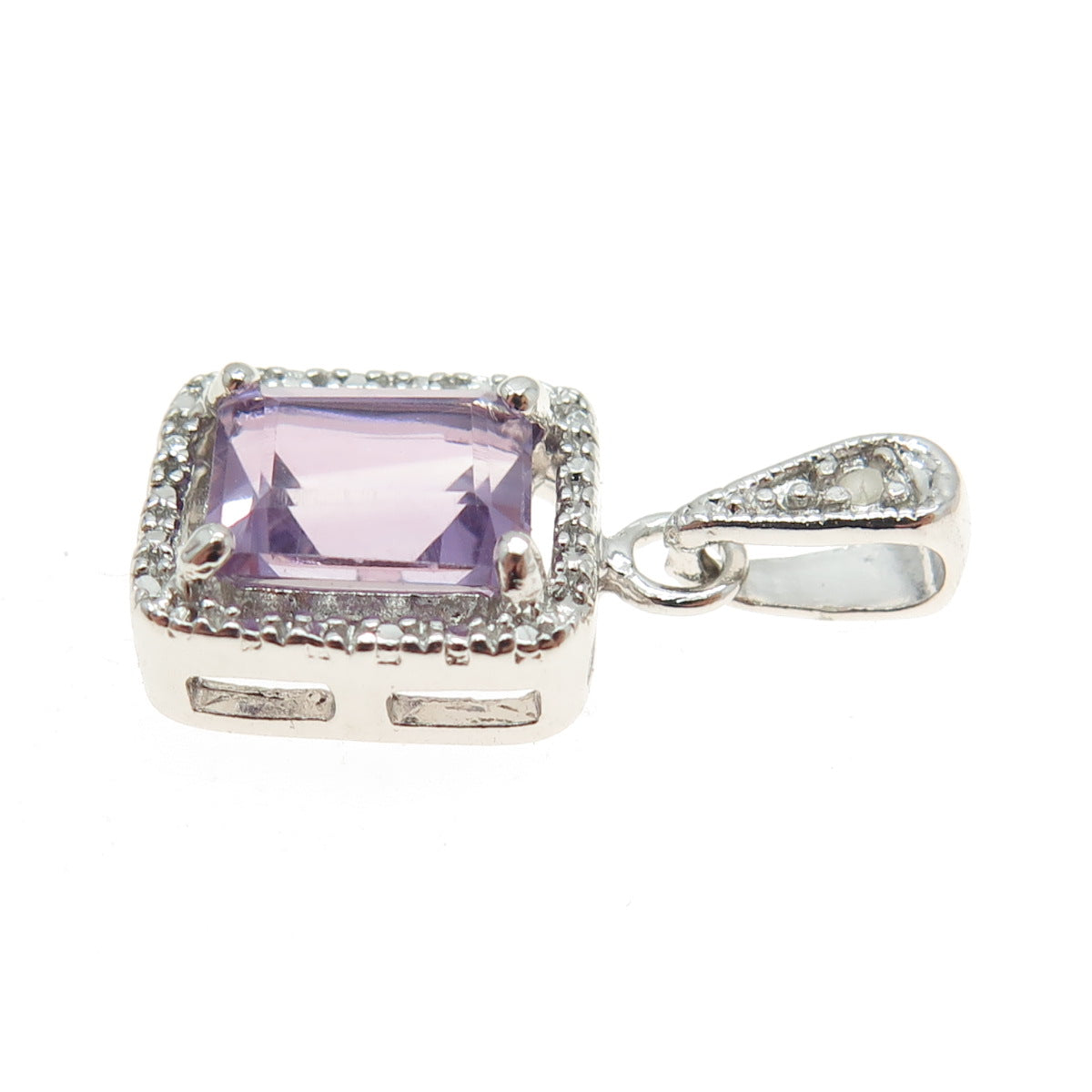 925 Sterling Silver Real White Diamond & Amethyst Gemstone Pendant