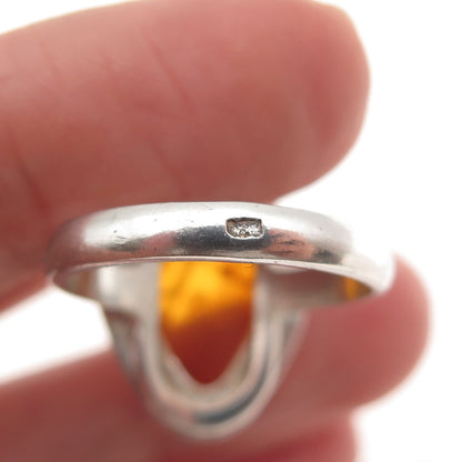925 Sterling Silver Vintage Real Amber Modernist Ring Size 8