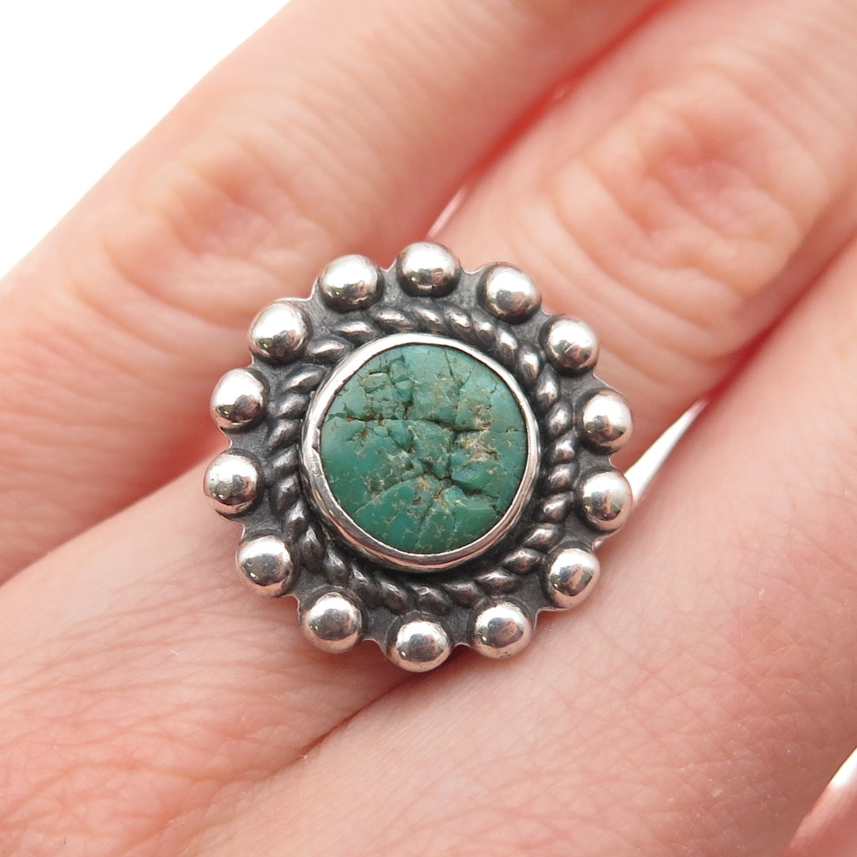 Old Pawn 925 Sterling Silver Vintage Royston Turquoise Sun Beaded Ring Size 4.75