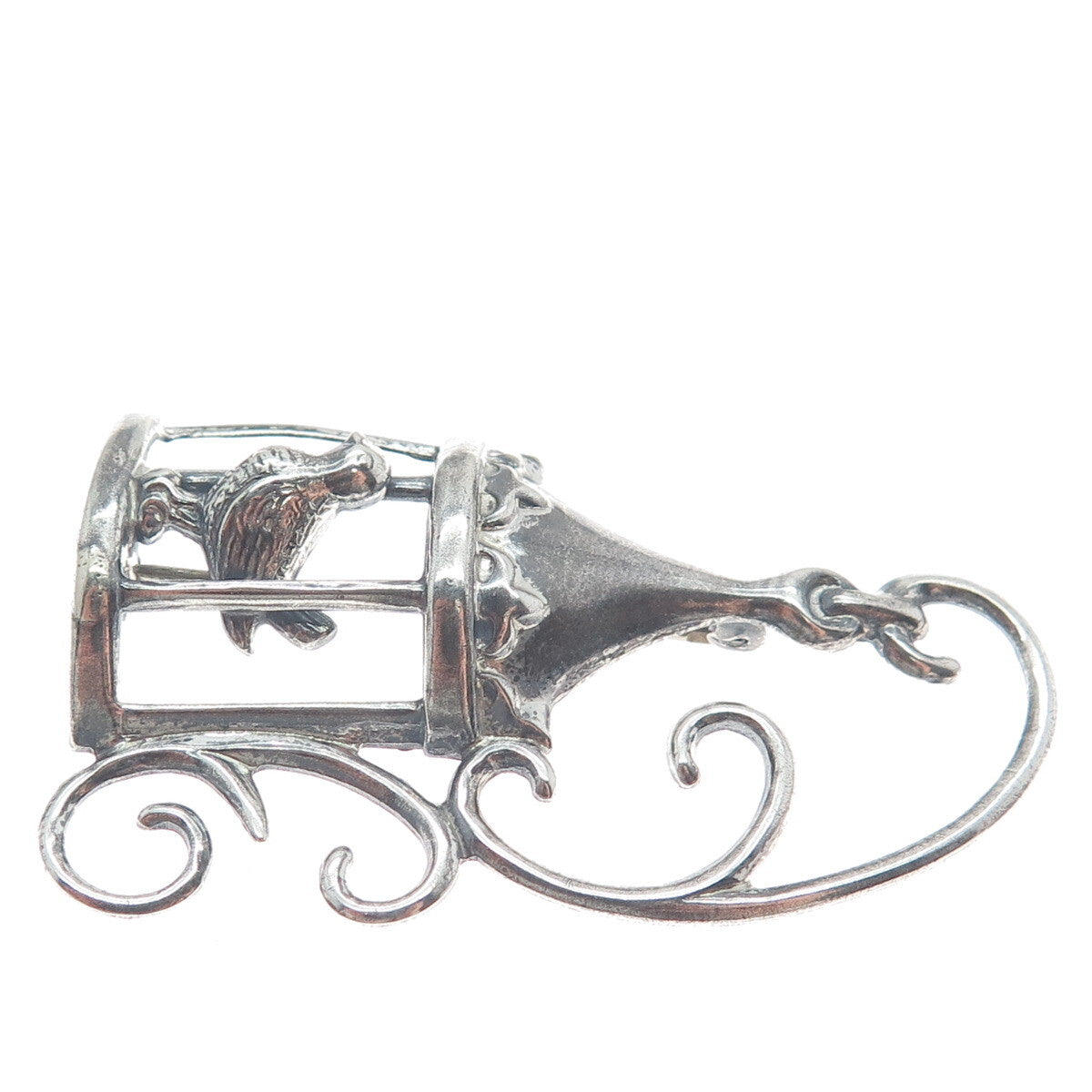 LANG Sterling Silver Antique Art Deco Bird Cage Fleur de Lis Oxidized Pin Brooch