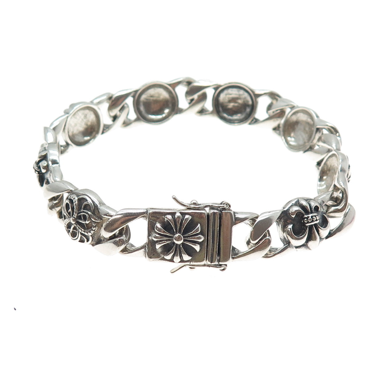 925 Sterling Silver Vintage Fleur de Lis Cross Oxidized Anchor Link Bracelet 8"