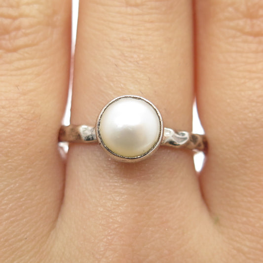 LORI BONN 925 Sterling Silver Vintage Real Pearl Hammered Ring Size 8