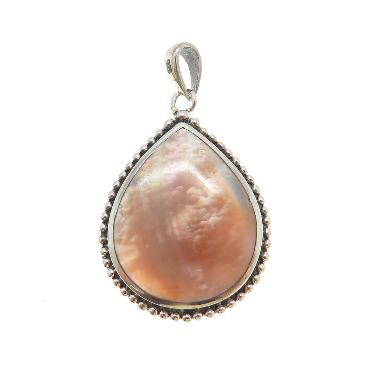 925 Sterling Silver Vintage Real Mother-of-Pearl Beaded Teardrop Charm Pendant
