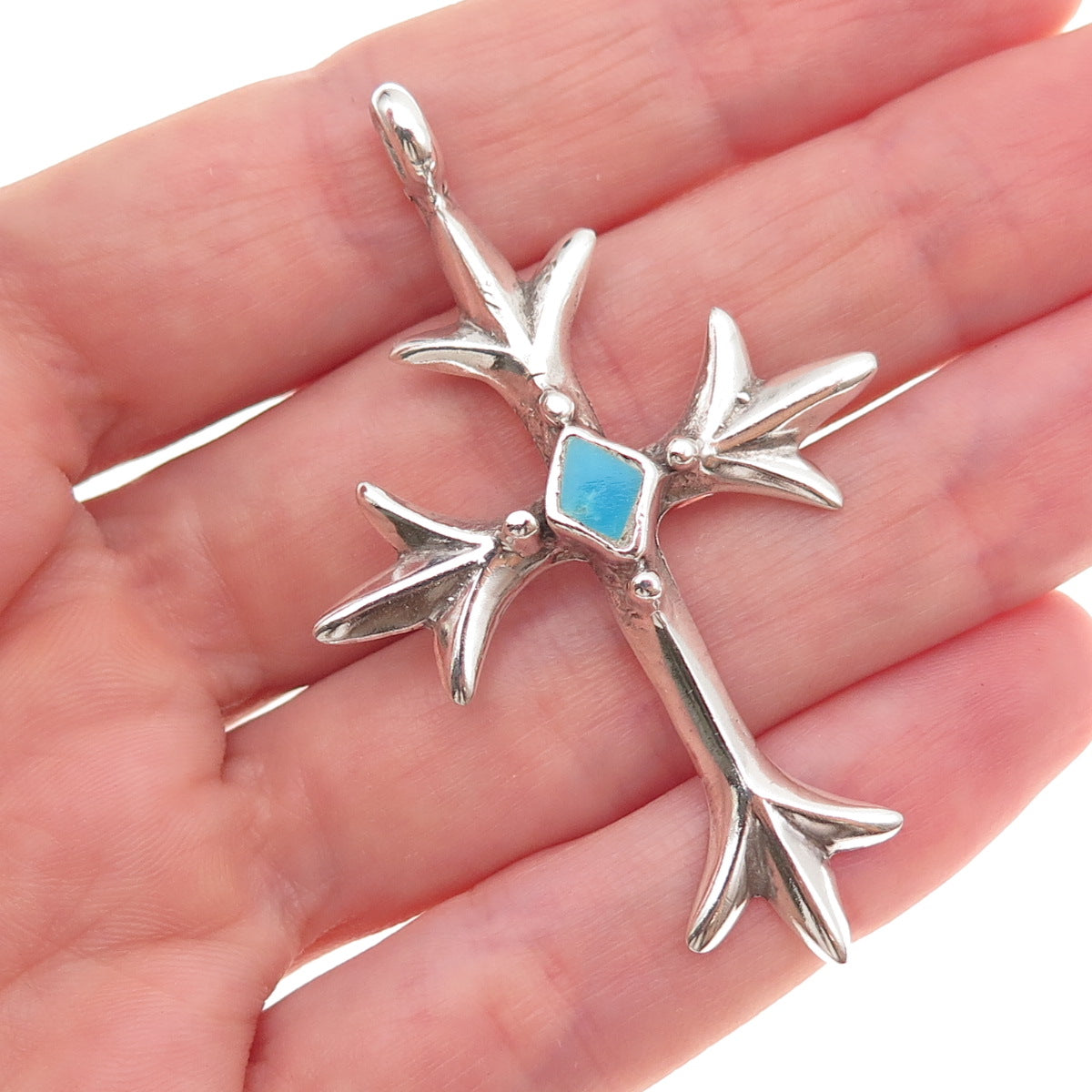 Old Pawn 925 Sterling Silver Vintage Southwestern Turquoise Floral Cross Pendant