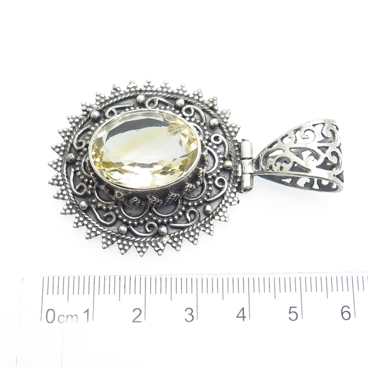 925 Sterling Silver Vintage Real Oval-Cut Citrine Floral Oxidized Pendant