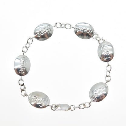 925 Sterling Silver Vintage Believe Faith Dream Hope Love Laugh Bracelet 6.75"