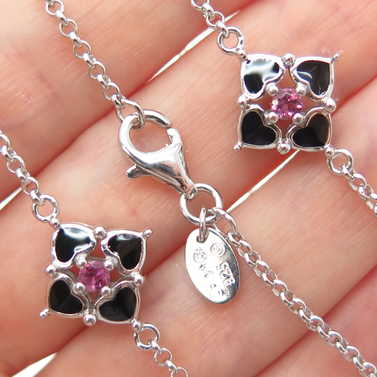 925 Sterling Silver Enamel Real Tourmaline Flower By The Yard Long Necklace 34"