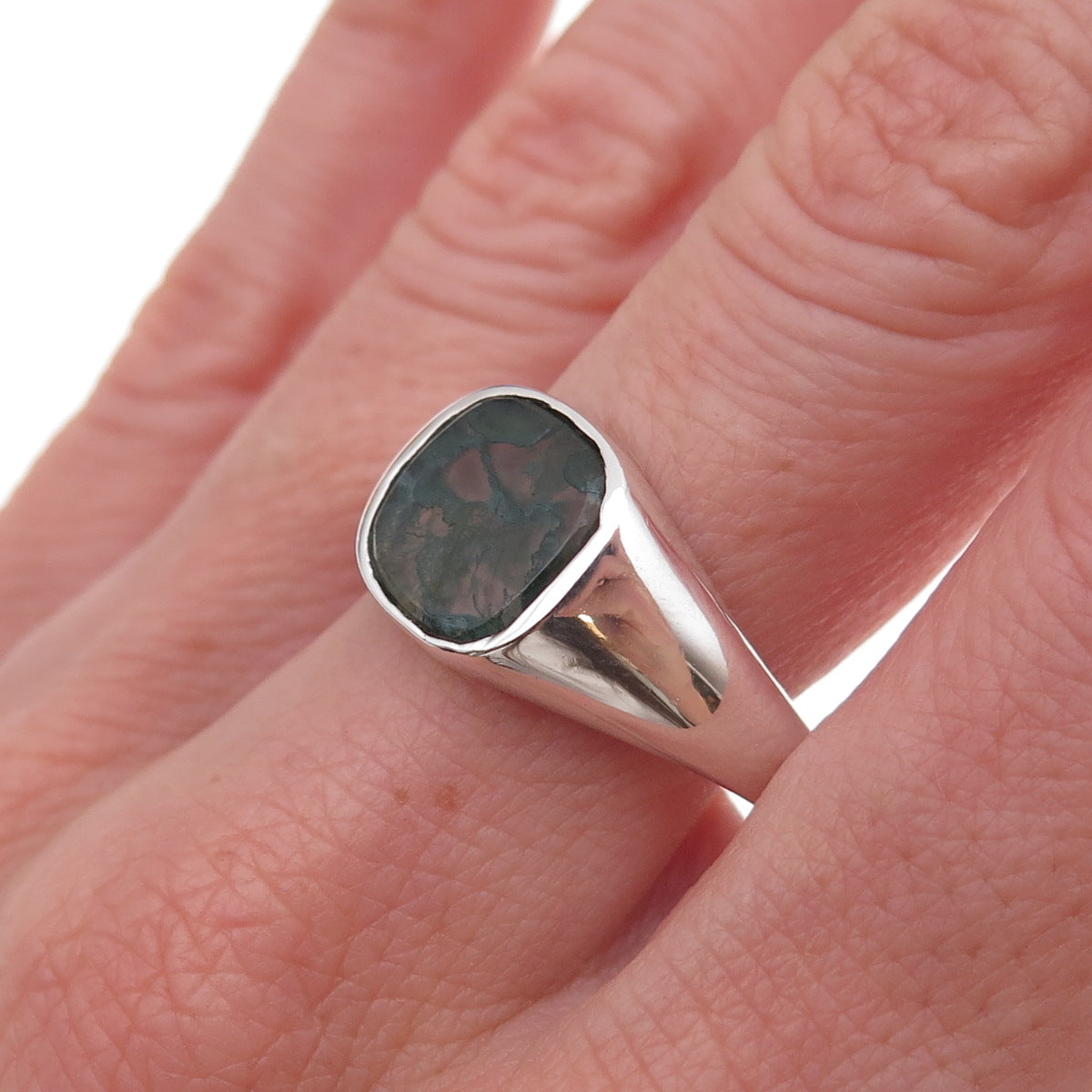 925 Sterling Silver Vintage Real Dendritic Agate Signet Ring Size 12.75