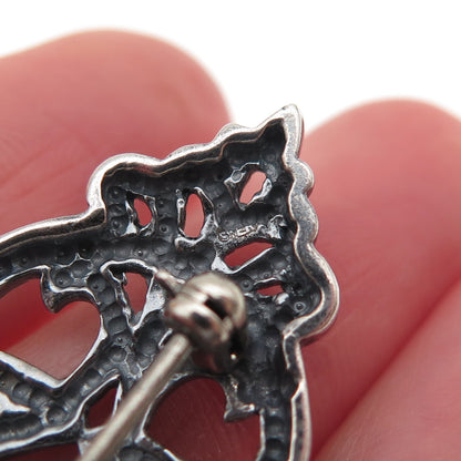 925 Sterling Silver Vintage Modernist Orante Floral Oxidized Pin Brooch