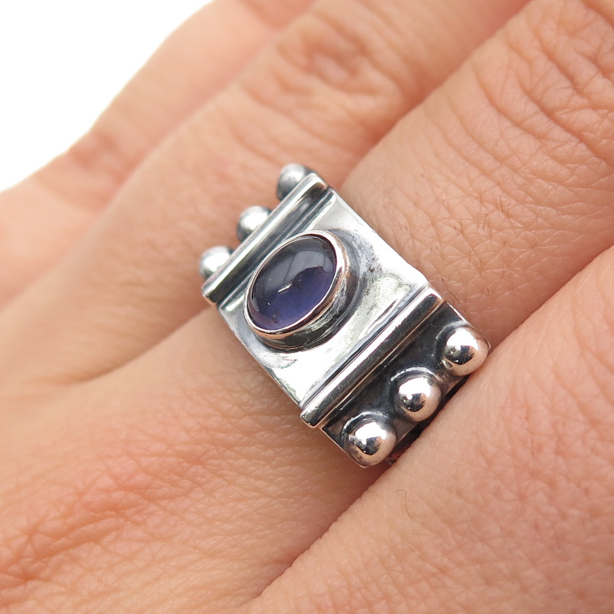 925 Sterling Silver Vintage Real Iolite Modernist Oxidized Ring Size 7.25