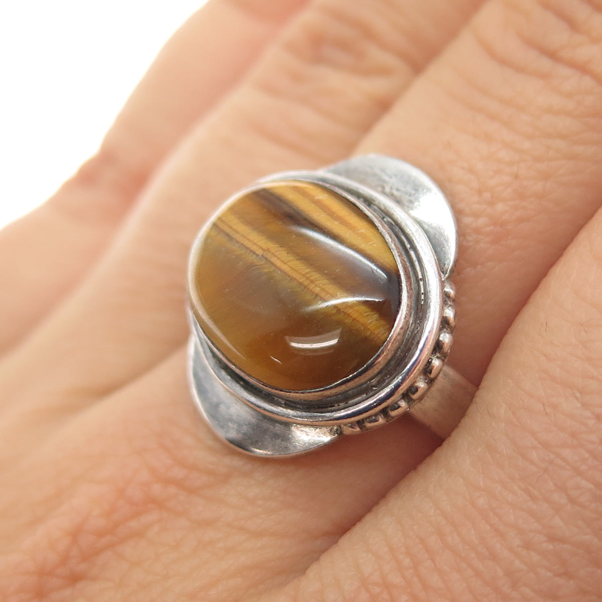 925 Sterling Silver Vintage Real Tiger Eye Modernist Oxidized Ring Size 8.25