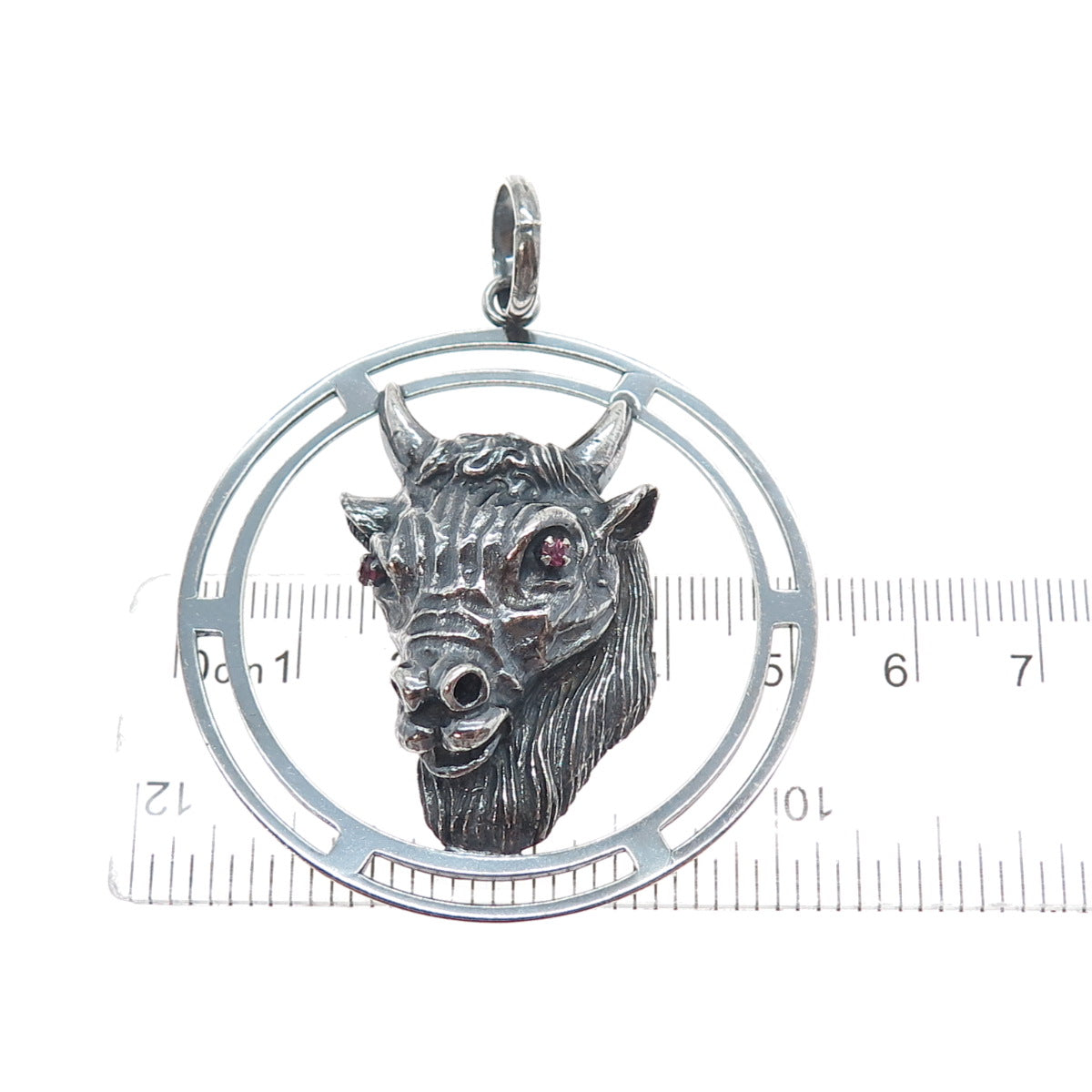 925 Sterling Silver Vintage Italy Real Ruby Taurus Zodiac Sign Oxidized Pendant