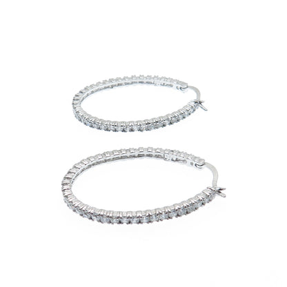 925 Sterling Silver Round-Cut C Z All Around Oval Hoop Earrings