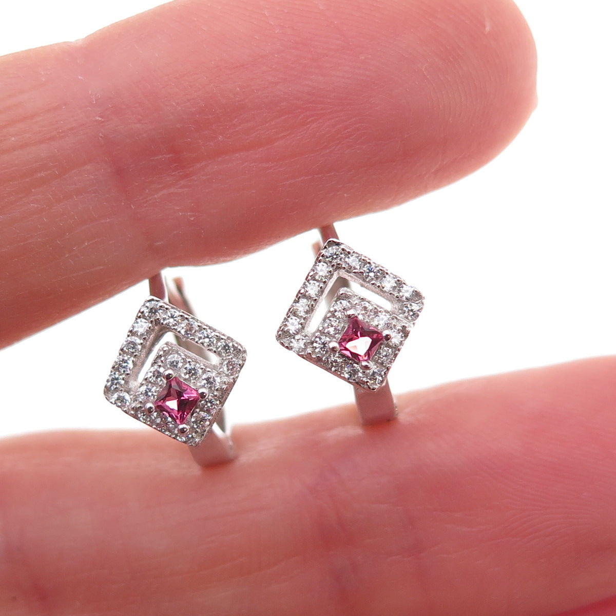 925 Sterling Silver Pink & White C Z Hoop Earrings