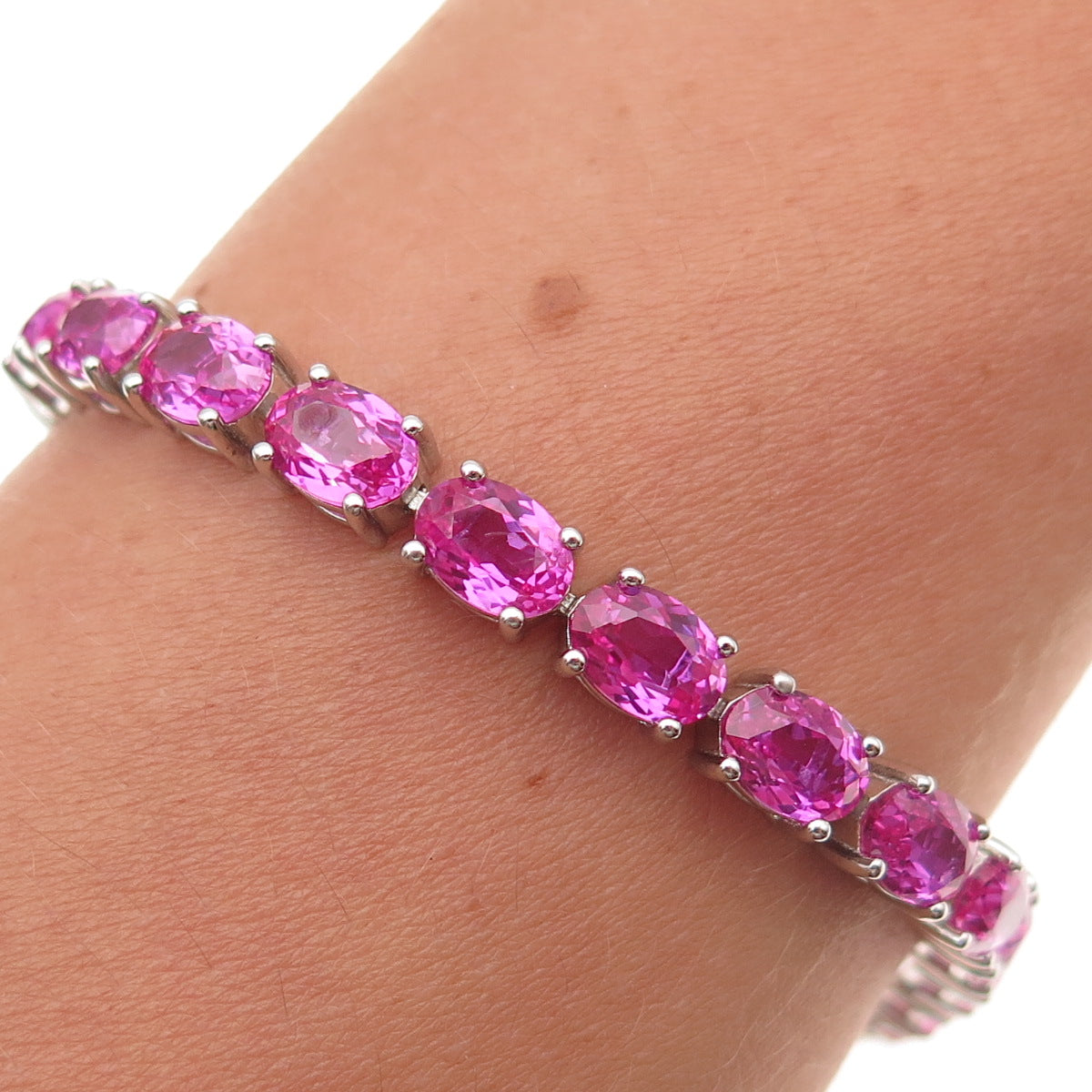 925 Sterling Silver Real Oval-Cut Pink Topaz Bracelet 6.5"