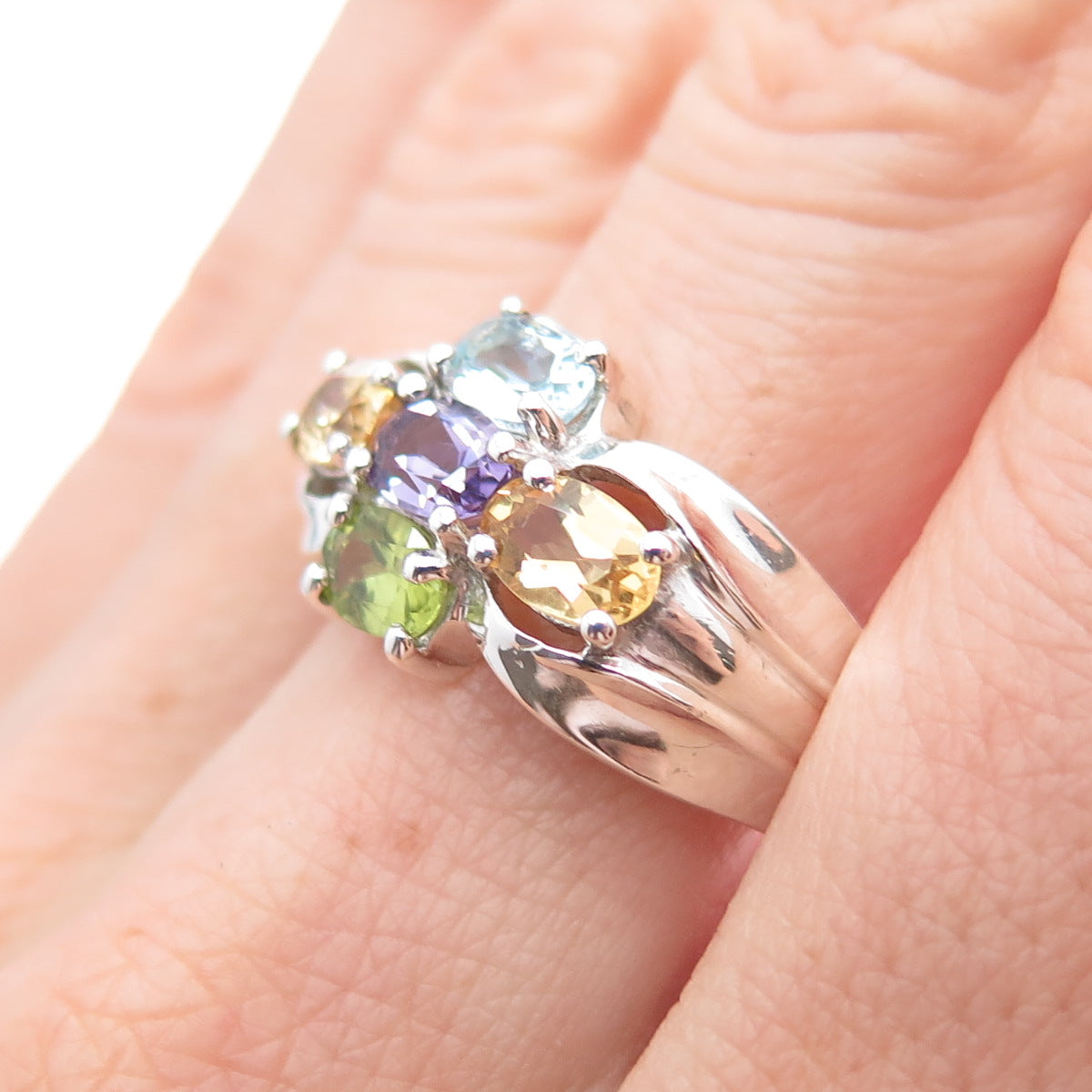 PRANDA 925 Sterling Silver Vintage Topaz Citrine Amethyst Peridot Ring Size 9.75