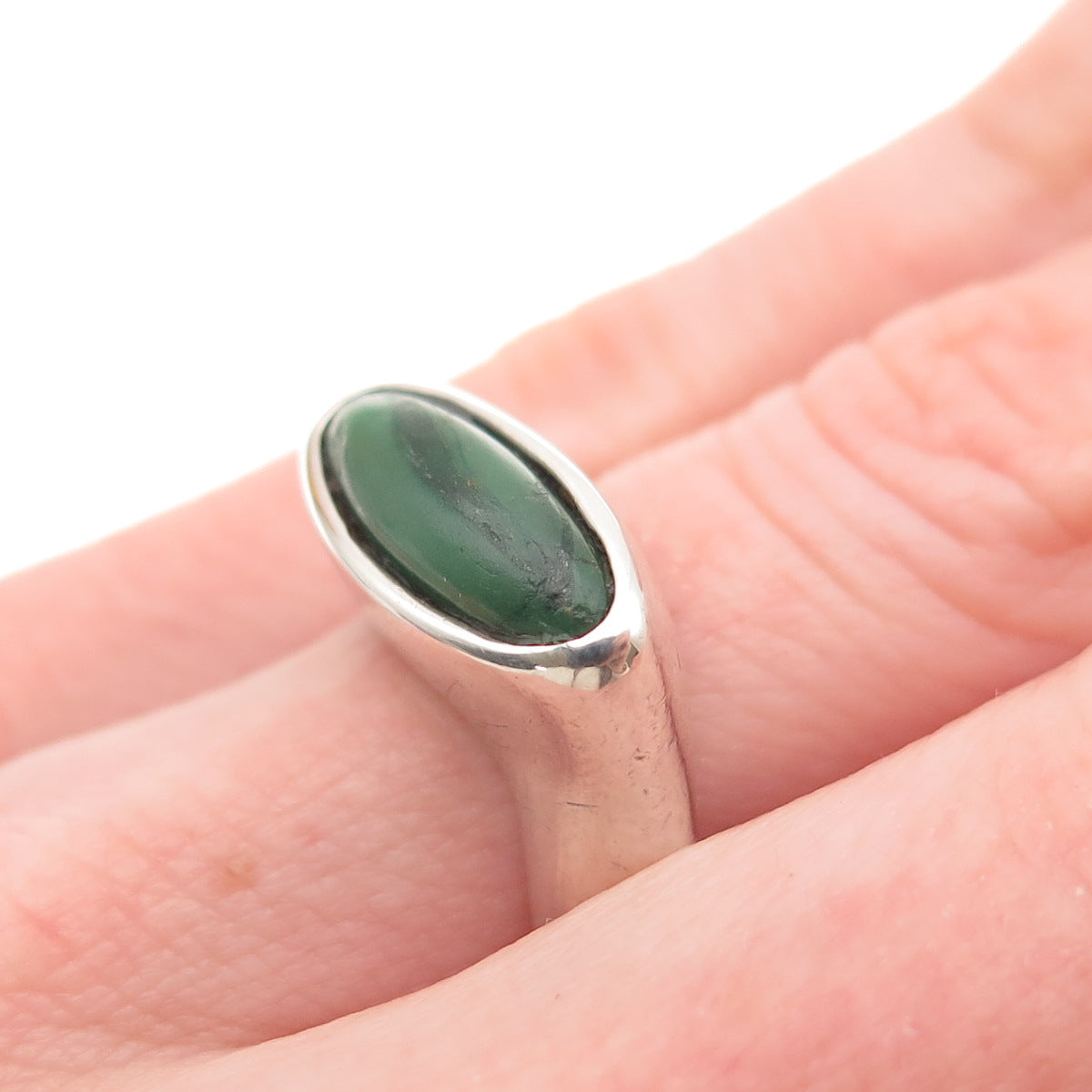 925 Sterling Silver Vintage Real Malachite Modernist Wavy Ring Size 6