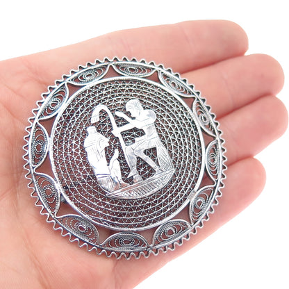 800 Silver Vintage Egypt Storyteller Filigree Oxidized Pin Brooch