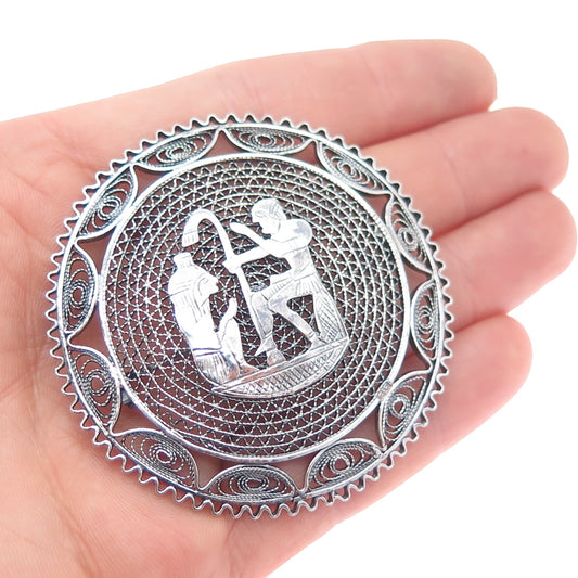 800 Silver Vintage Egypt Storyteller Filigree Oxidized Pin Brooch