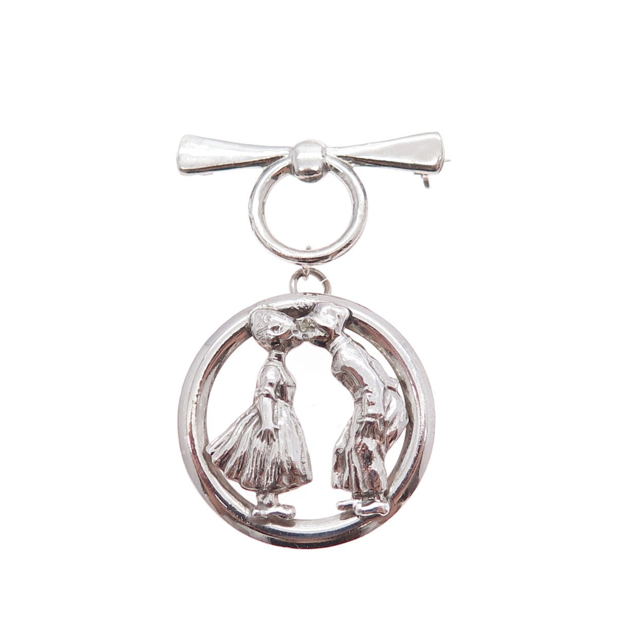 925 Sterling Silver Antique Art Deco Boy & Girl Kiss Bow Pin Brooch