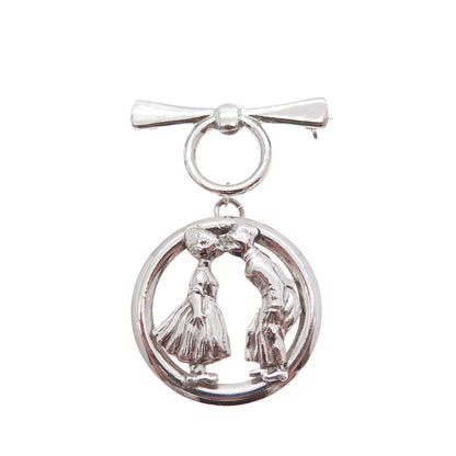925 Sterling Silver Antique Art Deco Boy & Girl Kiss Bow Pin Brooch