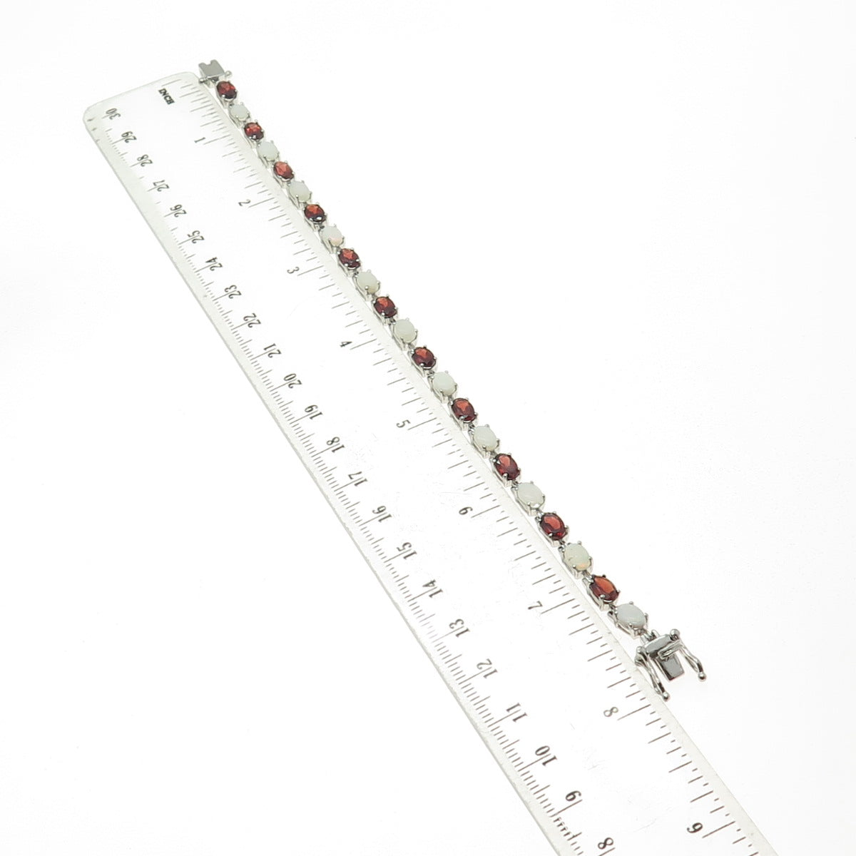 925 Sterling Silver Real Oval-Cut Opal & Red Garnet Bracelet 7.5"