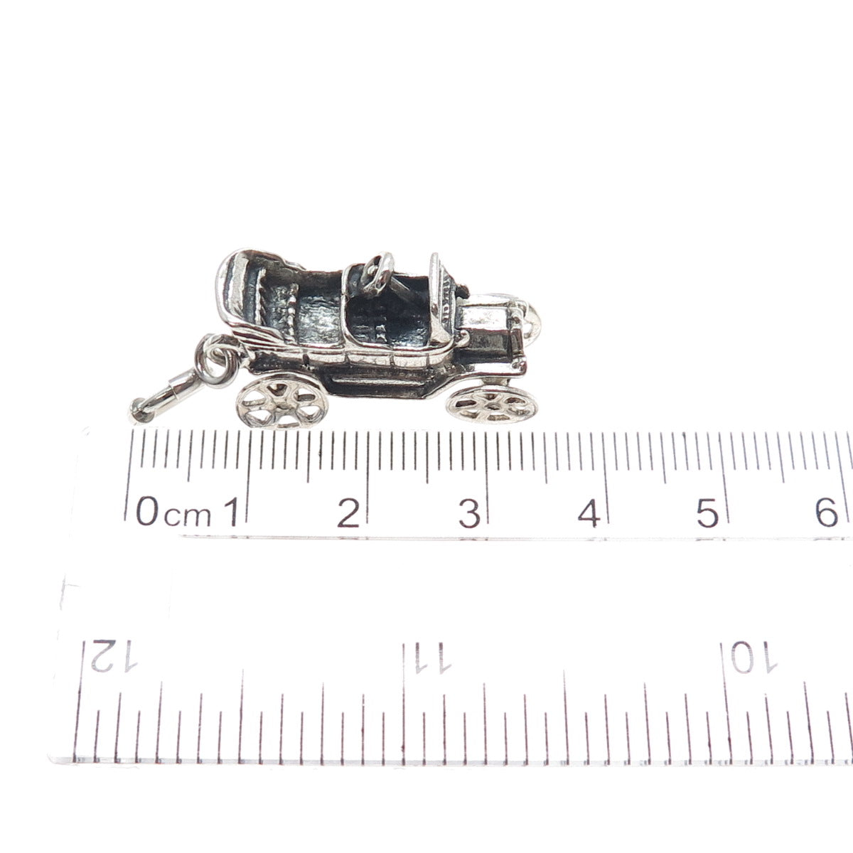 925 Sterling Vintage Carriage Car Spring Ring Lock Oxidized Movable 3D Pendant