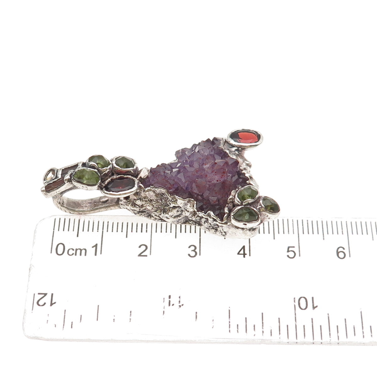 925 Sterling Vintage Real Amethyst Tourmaline Garnet & Peridot Modernist Pendant
